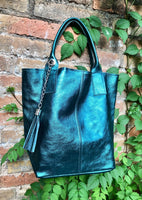 Teal blue - green tote leather shopper in GENUINE leather. Metallic shine finish. Blue carry all bag for your laptop, books + lining.