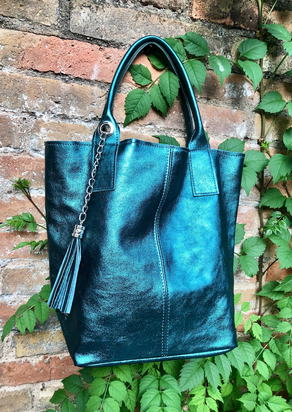 Teal blue - green tote leather shopper in GENUINE leather. Metallic shine finish. Blue carry all bag for your laptop, books + lining.