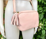 Small leather bag in light pink. Cross body bag, shoulder bag in GENUINE leather. Soft pink leather bag. Pink and gold leather purse.
