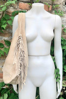 Beige slouchy bag. Large tote leather bag with zipper + FRINGES. Genuine leather bag. Beige laptop bags. Large shopper leather bag.