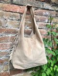 Beige slouchy bag. Large tote leather bag with zipper + FRINGES. Genuine leather bag. Beige laptop bags. Large shopper leather bag.