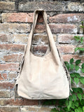 Beige slouchy bag. Large tote leather bag with zipper + FRINGES. Genuine leather bag. Beige laptop bags. Large shopper leather bag.