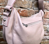 LIIGHT PINK messenger bag. Dusty pink genuine leather shoulder / crossbody bag. Zippers, adjustable strap and tassels. Pink leather purse