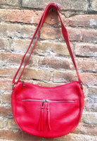Crossbody leather bag in RED. Boho bag in genuine leather. Shoulder bag with zippers, adjustable strap and tassel. Red leather purse