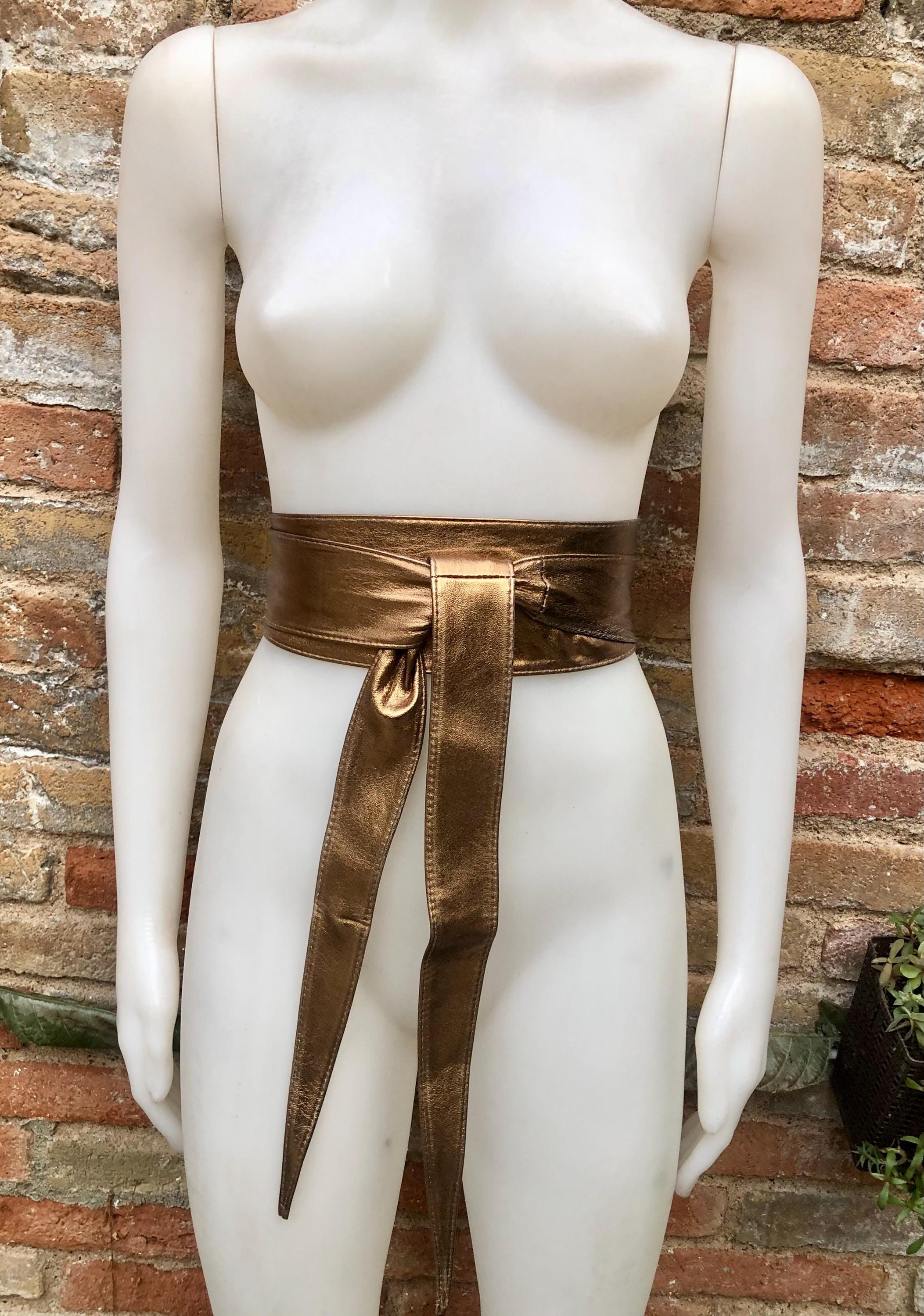 Dark GOLD obi belt. Wrap belt in soft genuine leather. Wraparound waist belt. Wide style. Boho dress belt in copper gold metallic leather