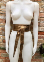 Dark GOLD obi belt. Wrap belt in soft genuine leather. Wraparound waist belt. Wide style. Boho dress belt in copper gold metallic leather