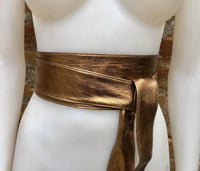 Dark GOLD obi belt. Wrap belt in soft genuine leather. Wraparound waist belt. Wide style. Boho dress belt in copper gold metallic leather