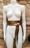 Dark GOLD obi belt. Wrap belt in soft genuine leather. Wraparound waist belt. Wide style. Boho dress belt in copper gold metallic leather