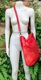 RED distressed leather shoulder / crossbody bag. Soft genuine leather shopper. Boho hippy bag for laptops, tablets, books. Red leather purse