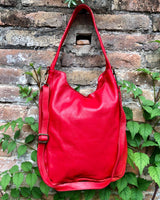 RED distressed leather shoulder / crossbody bag. Soft genuine leather shopper. Boho hippy bag for laptops, tablets, books. Red leather purse