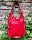 RED distressed leather shoulder / crossbody bag. Soft genuine leather shopper. Boho hippy bag for laptops, tablets, books. Red leather purse