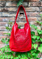 RED distressed leather shoulder / crossbody bag. Soft genuine leather shopper. Boho hippy bag for laptops, tablets, books. Red leather purse