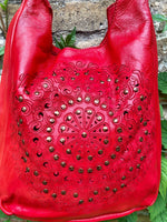 RED distressed leather shoulder / crossbody bag. Soft genuine leather shopper. Boho hippy bag for laptops, tablets, books. Red leather purse