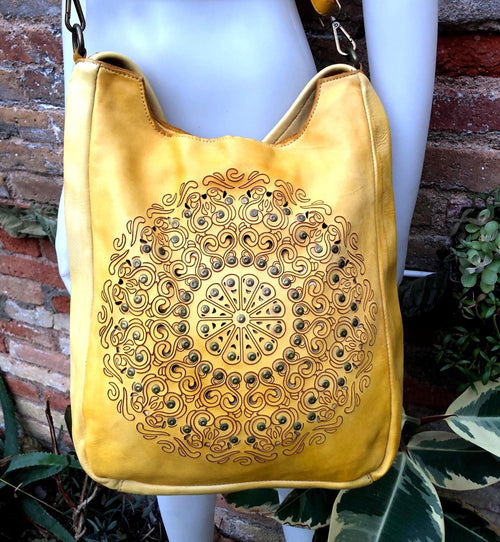 YELLOW distressed leather shoulder / crossbody bag. Soft genuine leather shopper. Boho hippy bag for , tablets, books. Yellow leather purse