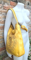 YELLOW distressed leather shoulder / crossbody bag. Soft genuine leather shopper. Boho hippy bag for , tablets, books. Yellow leather purse