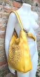 YELLOW distressed leather shoulder / crossbody bag. Soft genuine leather shopper. Boho hippy bag for , tablets, books. Yellow leather purse