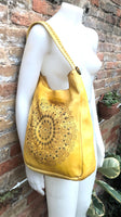YELLOW distressed leather shoulder / crossbody bag. Soft genuine leather shopper. Boho hippy bag for , tablets, books. Yellow leather purse