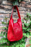 RED distressed leather shoulder / crossbody bag. Soft genuine leather shopper. Boho hippy bag for laptops, tablets, books. Red leather purse