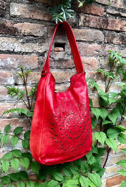 RED distressed leather shoulder / crossbody bag. Soft genuine leather shopper. Boho hippy bag for laptops, tablets, books. Red leather purse