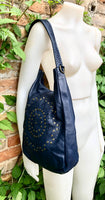 NAVY blue distressed leather shoulder / crossbody bag. Soft genuine leather shopper. Dark blue boho hippy bag. Navy leather purse