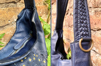 NAVY blue distressed leather shoulder / crossbody bag. Soft genuine leather shopper. Dark blue boho hippy bag. Navy leather purse