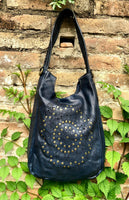 NAVY blue distressed leather shoulder / crossbody bag. Soft genuine leather shopper. Dark blue boho hippy bag. Navy leather purse