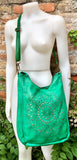 GREEN distressed leather shoulder / crossbody bag. Soft genuine leather shopper. Green boho hippy bag. Green leather purse with tack design