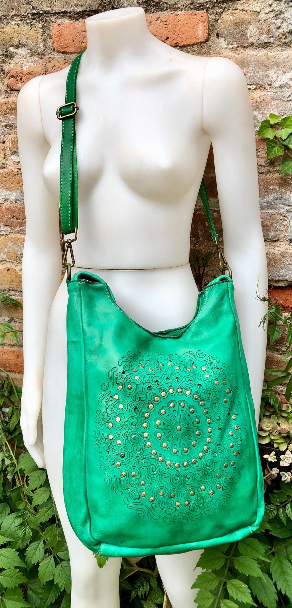 GREEN distressed leather shoulder / crossbody bag. Soft genuine leather shopper. Green boho hippy bag. Green leather purse with tack design