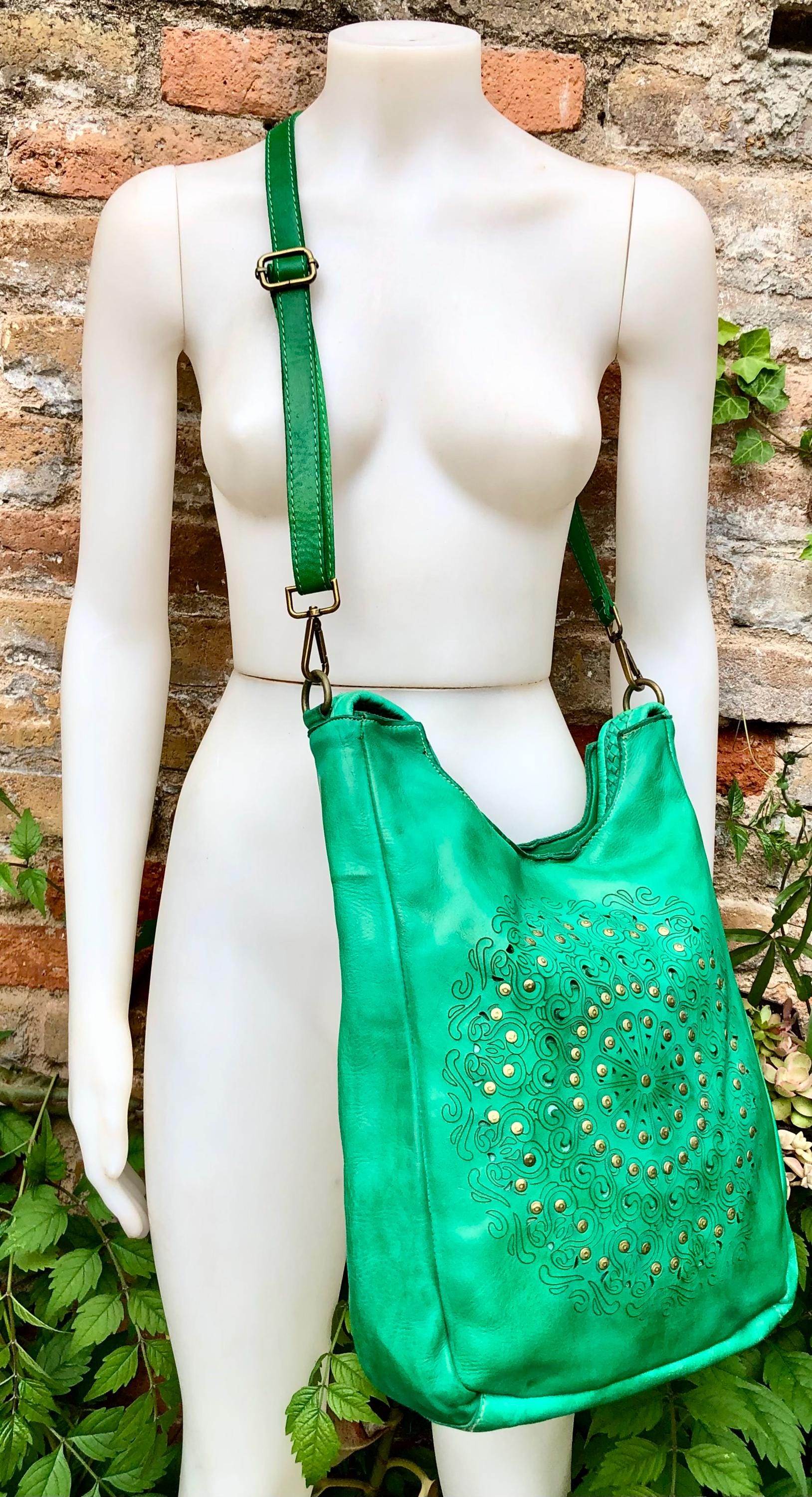 GREEN distressed leather shoulder / crossbody bag. Soft genuine leather shopper. Green boho hippy bag. Green leather purse with tack design