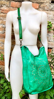 GREEN distressed leather shoulder / crossbody bag. Soft genuine leather shopper. Green boho hippy bag. Green leather purse with tack design
