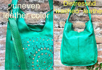 GREEN distressed leather shoulder / crossbody bag. Soft genuine leather shopper. Green boho hippy bag. Green leather purse with tack design