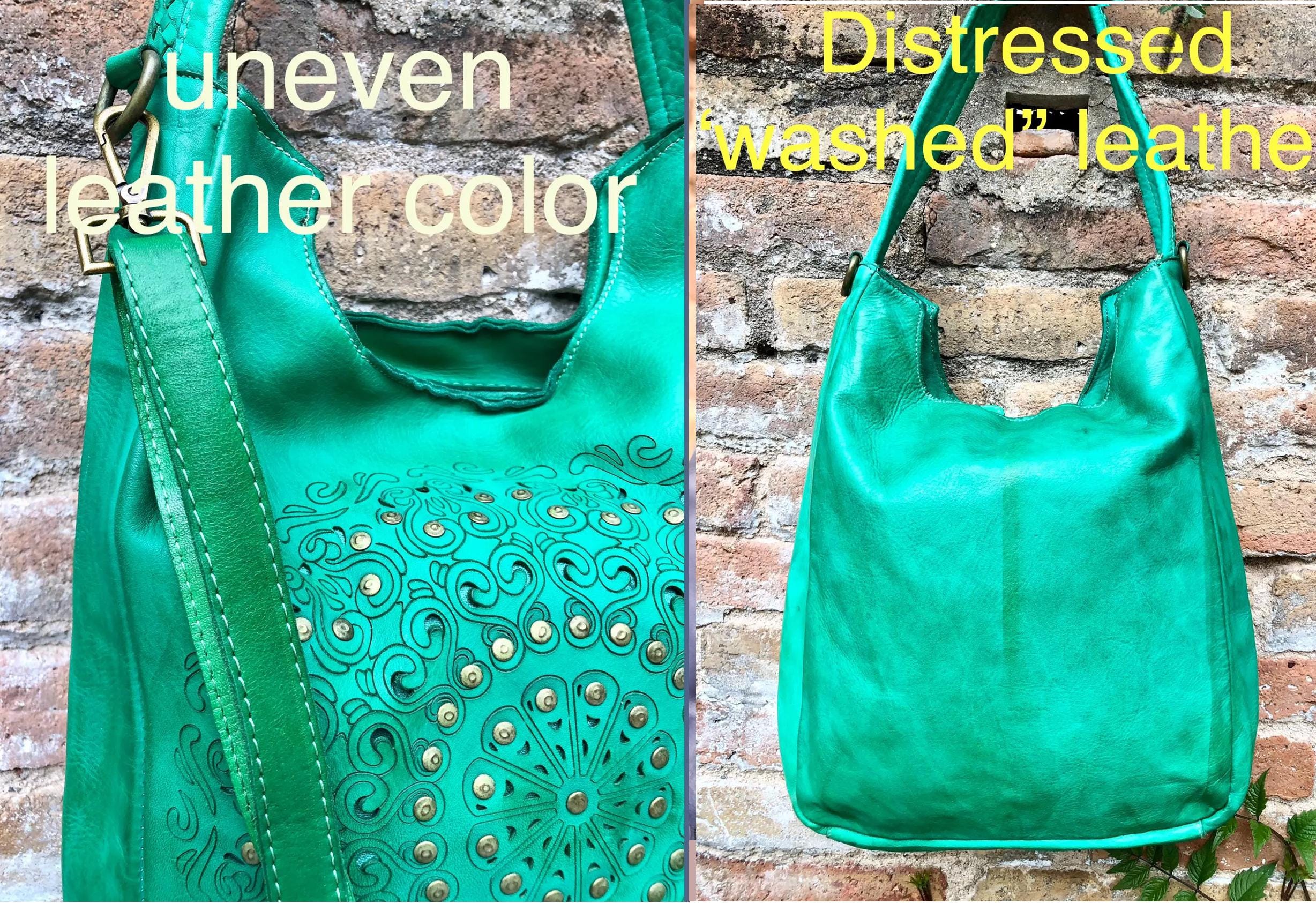 GREEN distressed leather shoulder / crossbody bag. Soft genuine leather shopper. Green boho hippy bag. Green leather purse with tack design