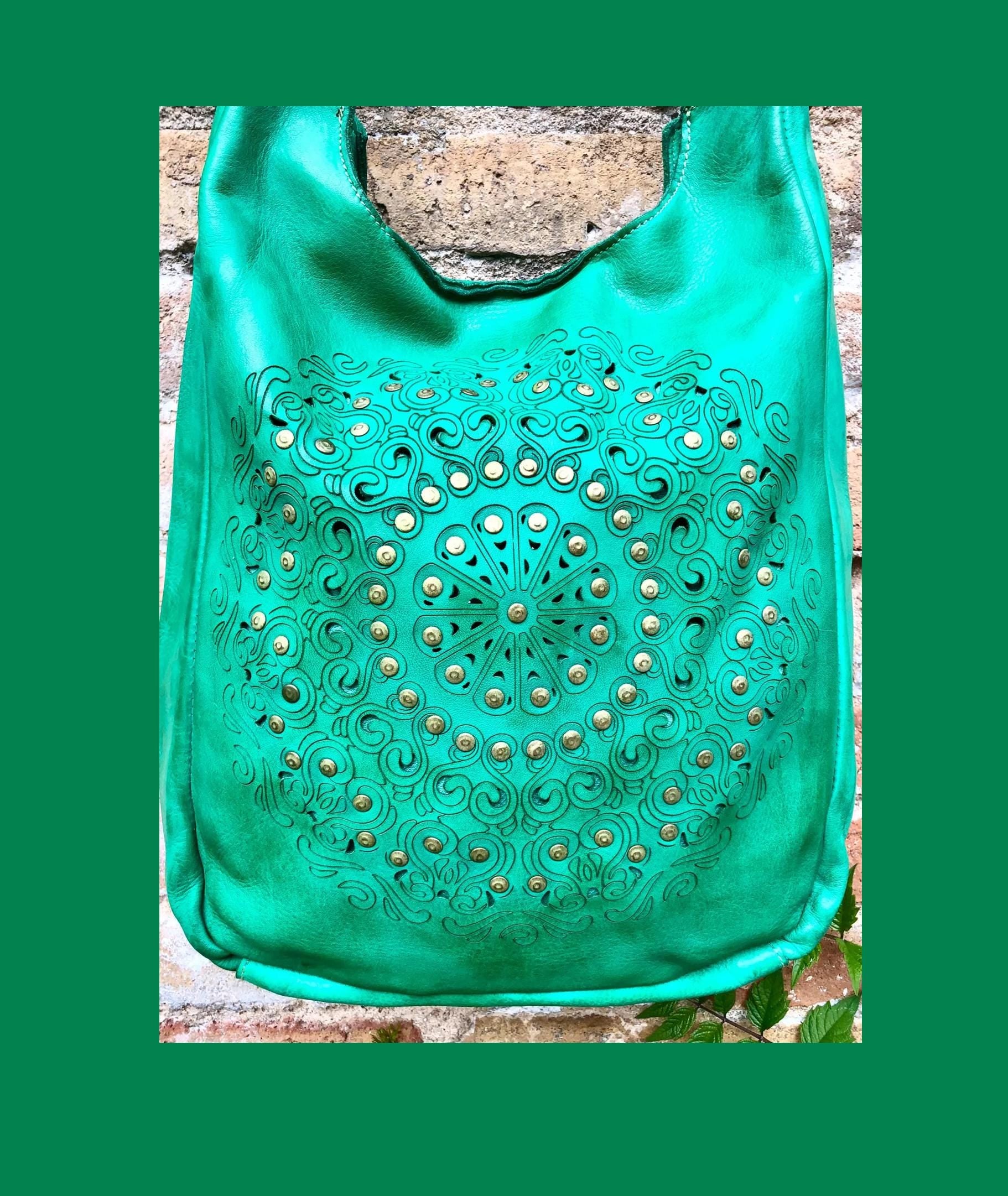 GREEN distressed leather shoulder / crossbody bag. Soft genuine leather shopper. Green boho hippy bag. Green leather purse with tack design