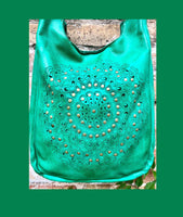 GREEN distressed leather shoulder / crossbody bag. Soft genuine leather shopper. Green boho hippy bag. Green leather purse with tack design