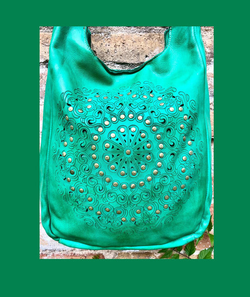 GREEN distressed leather shoulder / crossbody bag. Soft genuine leather shopper. Green boho hippy bag. Green leather purse with tack design