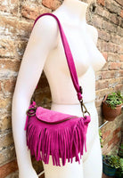 Hot pink fringed crossbody / shoulder bag. BOHO suede leather bag with fringes. Small suede hippy bag. Fuchsia fringes suede purse