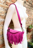 Hot pink fringed crossbody / shoulder bag. BOHO suede leather bag with fringes. Small suede hippy bag. Fuchsia fringes suede purse