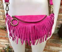 Hot pink fringed crossbody / shoulder bag. BOHO suede leather bag with fringes. Small suede hippy bag. Fuchsia fringes suede purse
