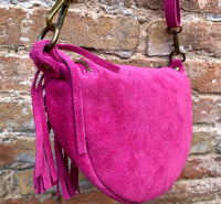 Hot pink fringed crossbody / shoulder bag. BOHO suede leather bag with fringes. Small suede hippy bag. Fuchsia fringes suede purse
