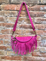 Hot pink fringed crossbody / shoulder bag. BOHO suede leather bag with fringes. Small suede hippy bag. Fuchsia fringes suede purse