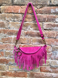 Hot pink fringed crossbody / shoulder bag. BOHO suede leather bag with fringes. Small suede hippy bag. Fuchsia fringes suede purse