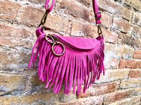 Hot pink fringed crossbody / shoulder bag. BOHO suede leather bag with fringes. Small suede hippy bag. Fuchsia fringes suede purse