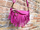 Hot pink fringed crossbody / shoulder bag. BOHO suede leather bag with fringes. Small suede hippy bag. Fuchsia fringes suede purse