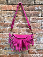 Hot pink fringed crossbody / shoulder bag. BOHO suede leather bag with fringes. Small suede hippy bag. Fuchsia fringes suede purse