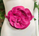 Flower leather belt in hot pink. Waist, overall or dress belt. Genuine leather. Fuchsia pink rose belt. Large magenta pink flower.