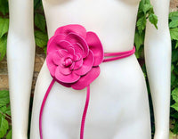 Flower leather belt in hot pink. Waist, overall or dress belt. Genuine leather. Fuchsia pink rose belt. Large magenta pink flower.