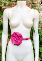 Flower leather belt in hot pink. Waist, overall or dress belt. Genuine leather. Fuchsia pink rose belt. Large magenta pink flower.