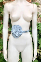 Flower leather belt in light blue - gray. Waist, overall or dress belt. Soft blue genuine leather. Blue rose belt. Large blue flower.