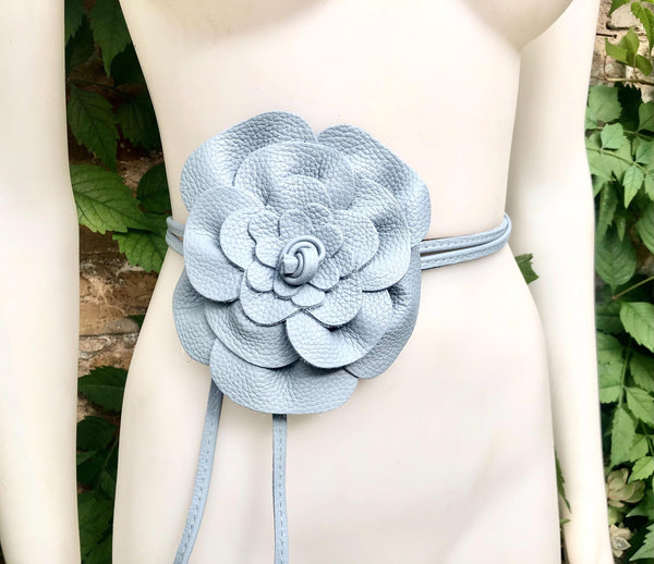 Flower leather belt in light blue - gray. Waist, overall or dress belt. Soft blue genuine leather. Blue rose belt. Large blue flower.