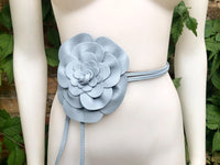 Flower leather belt in light blue - gray. Waist, overall or dress belt. Soft blue genuine leather. Blue rose belt. Large blue flower.